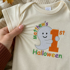 Personalized Baby Bodysuit First Halloween Gift for Grandkids - Embroidered Name with Cute Ghost One-Piece