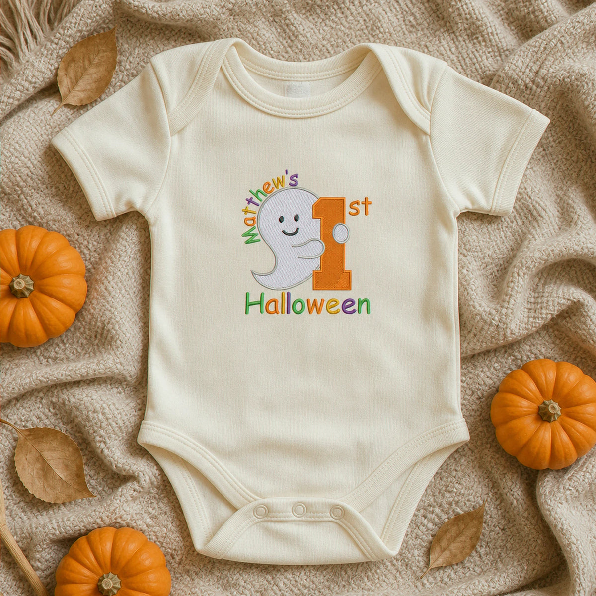 Personalized Baby Bodysuit First Halloween Gift for Grandkids - Embroidered Name with Cute Ghost One-Piece