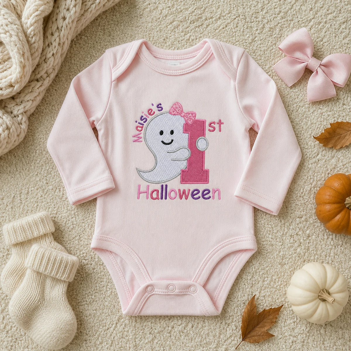Personalized Baby Bodysuit First Halloween Gift for Grandkids - Embroidered Name with Cute Ghost One-Piece