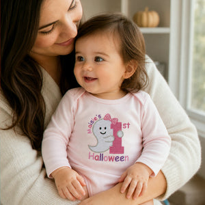Personalized Baby Bodysuit First Halloween Gift for Grandkids - Embroidered Name with Cute Ghost One-Piece