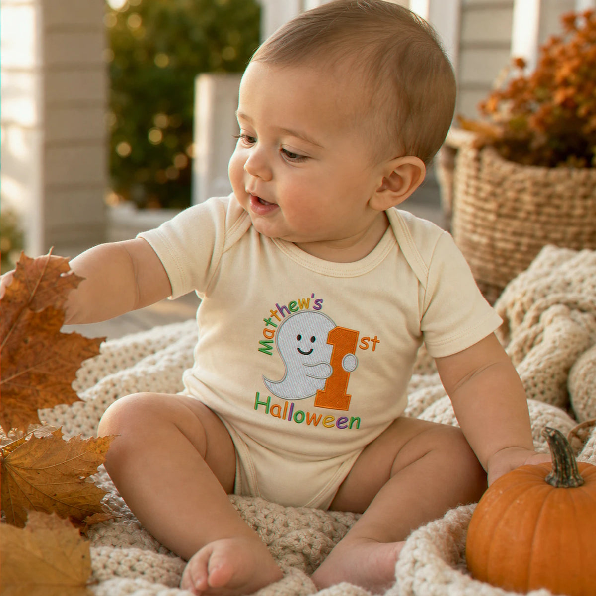 Personalized Baby Bodysuit First Halloween Gift for Grandkids - Embroidered Name with Cute Ghost One-Piece