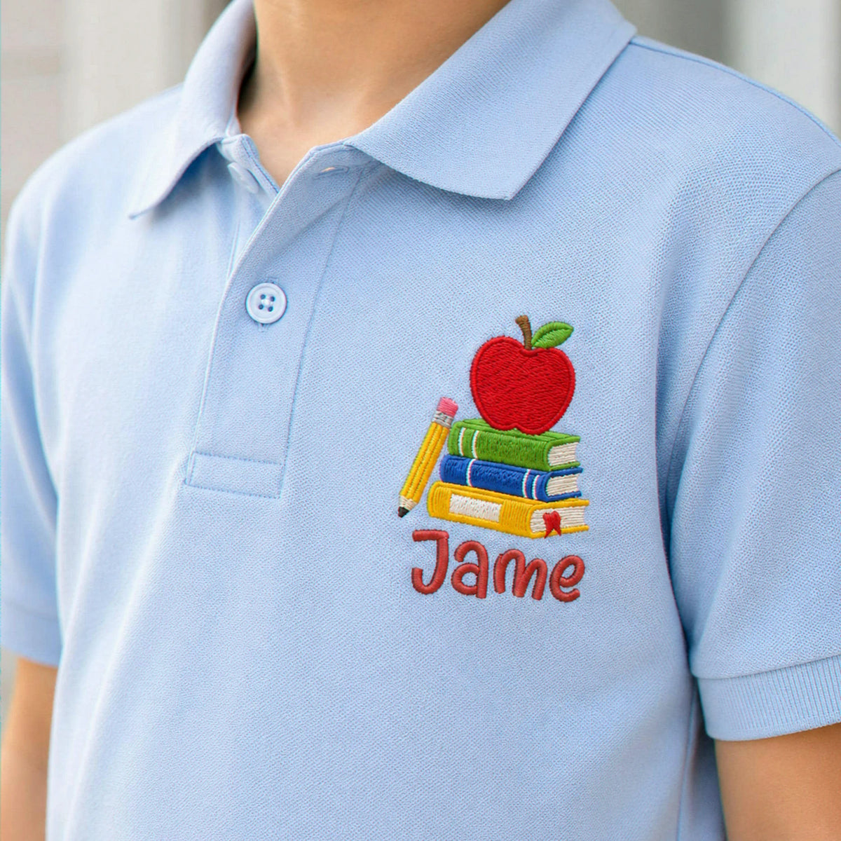 Personalized Back to School Polo for Kids - Embroidered Name Collared Tee with Apple Book Icon
