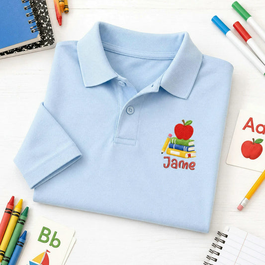 Personalized Back to School Polo for Kids - Embroidered Name Collared Tee with Apple Book Icon