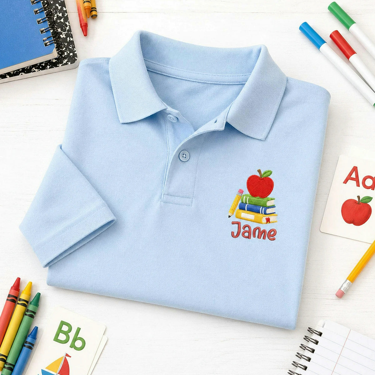 Personalized Back to School Polo for Kids - Embroidered Name Collared Tee with Apple Book Icon