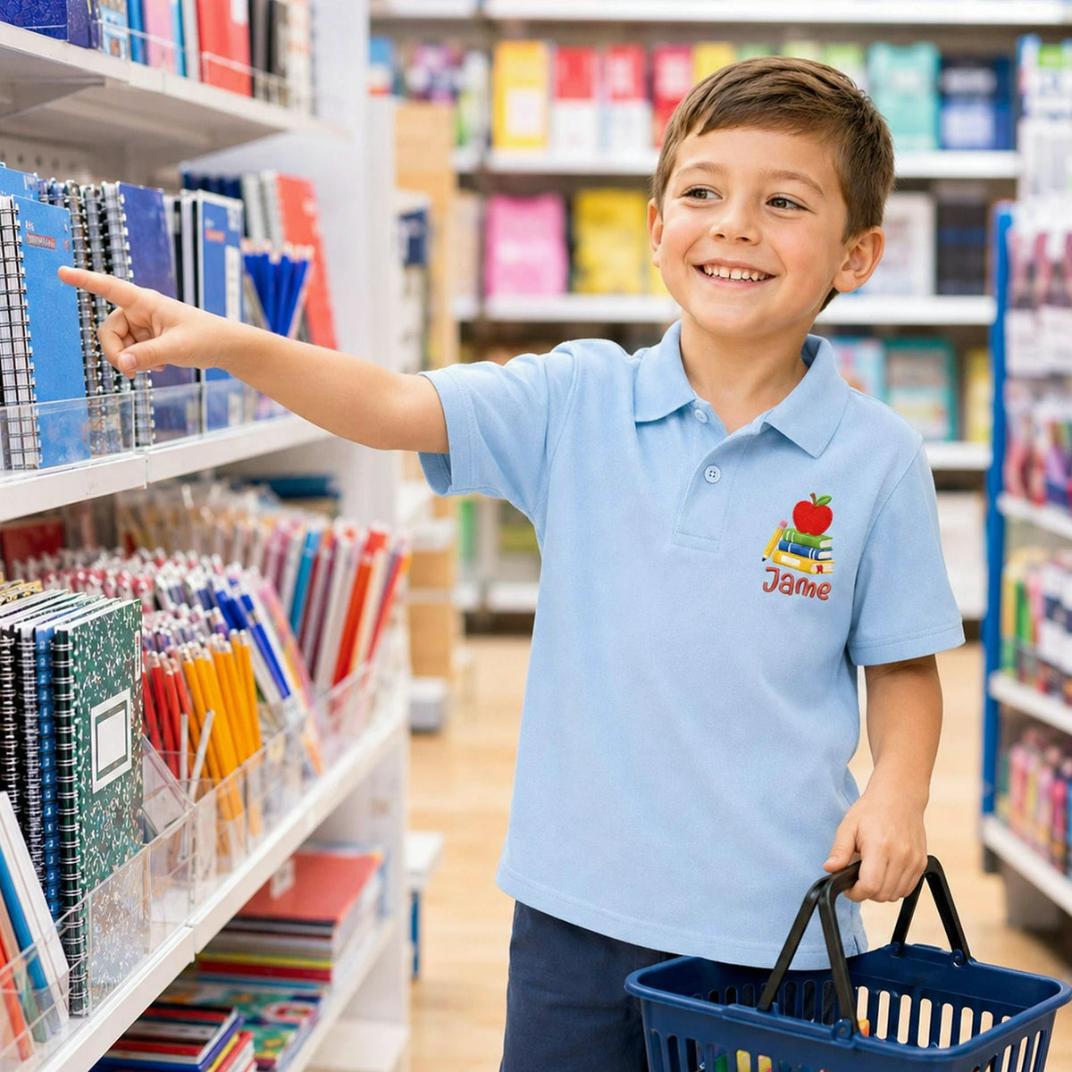 Personalized Back to School Polo for Kids - Embroidered Name Collared Tee with Apple Book Icon
