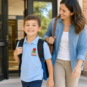 Personalized Back to School Polo for Kids - Embroidered Name Collared Tee with Apple Book Icon