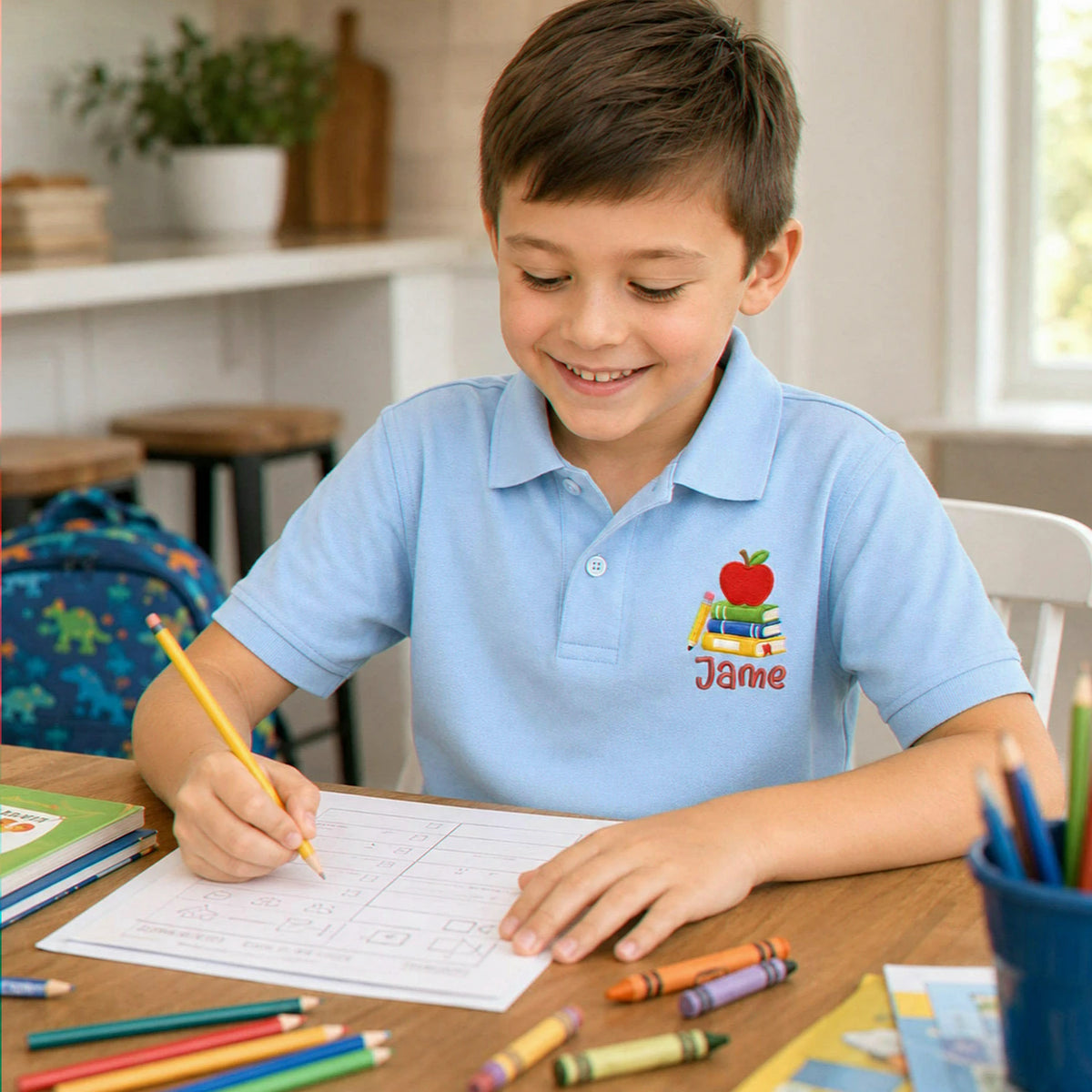 Personalized Back to School Polo for Kids - Embroidered Name Collared Tee with Apple Book Icon