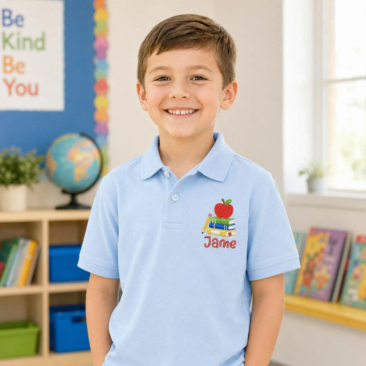 Personalized Back to School Polo for Kids - Embroidered Name Collared Tee with Apple Book Icon