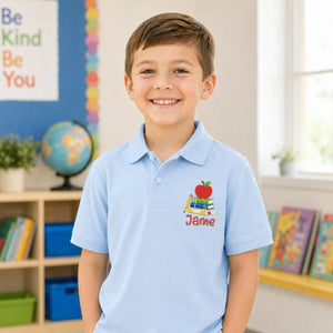 Personalized Back to School Polo for Kids - Embroidered Name Collared Tee with Apple Book Icon