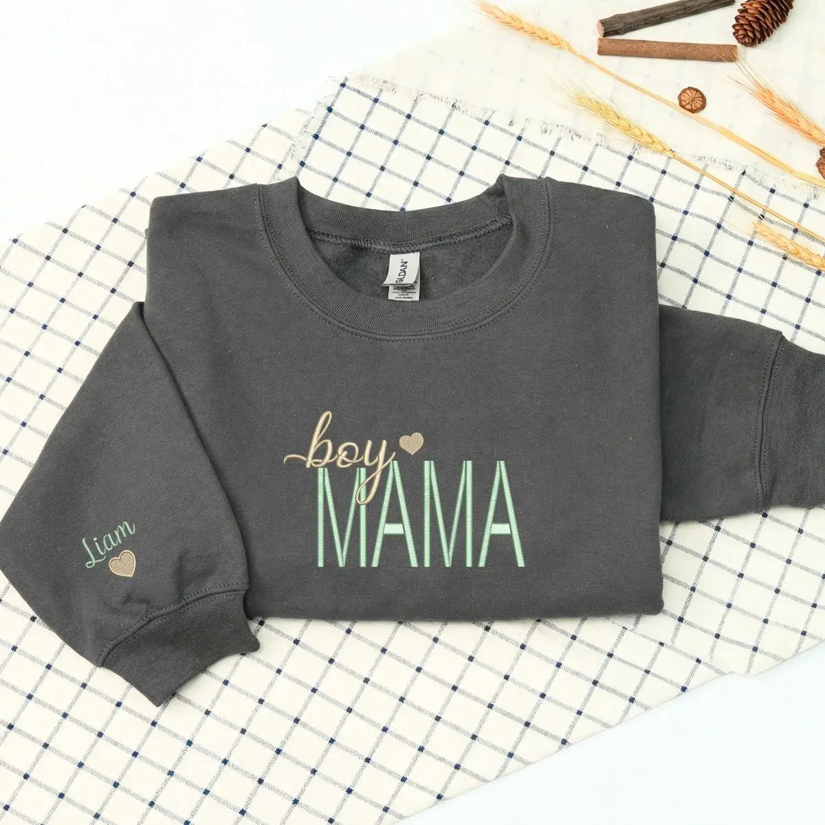 Custom embroidered boy mama sweatshirt with kids names, personalized cozy gift for mom with sons
