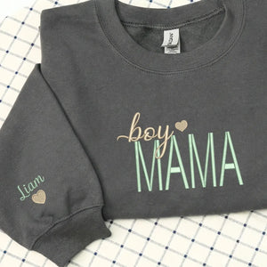 Custom embroidered boy mama sweatshirt with kids names, personalized cozy gift for mom with sons