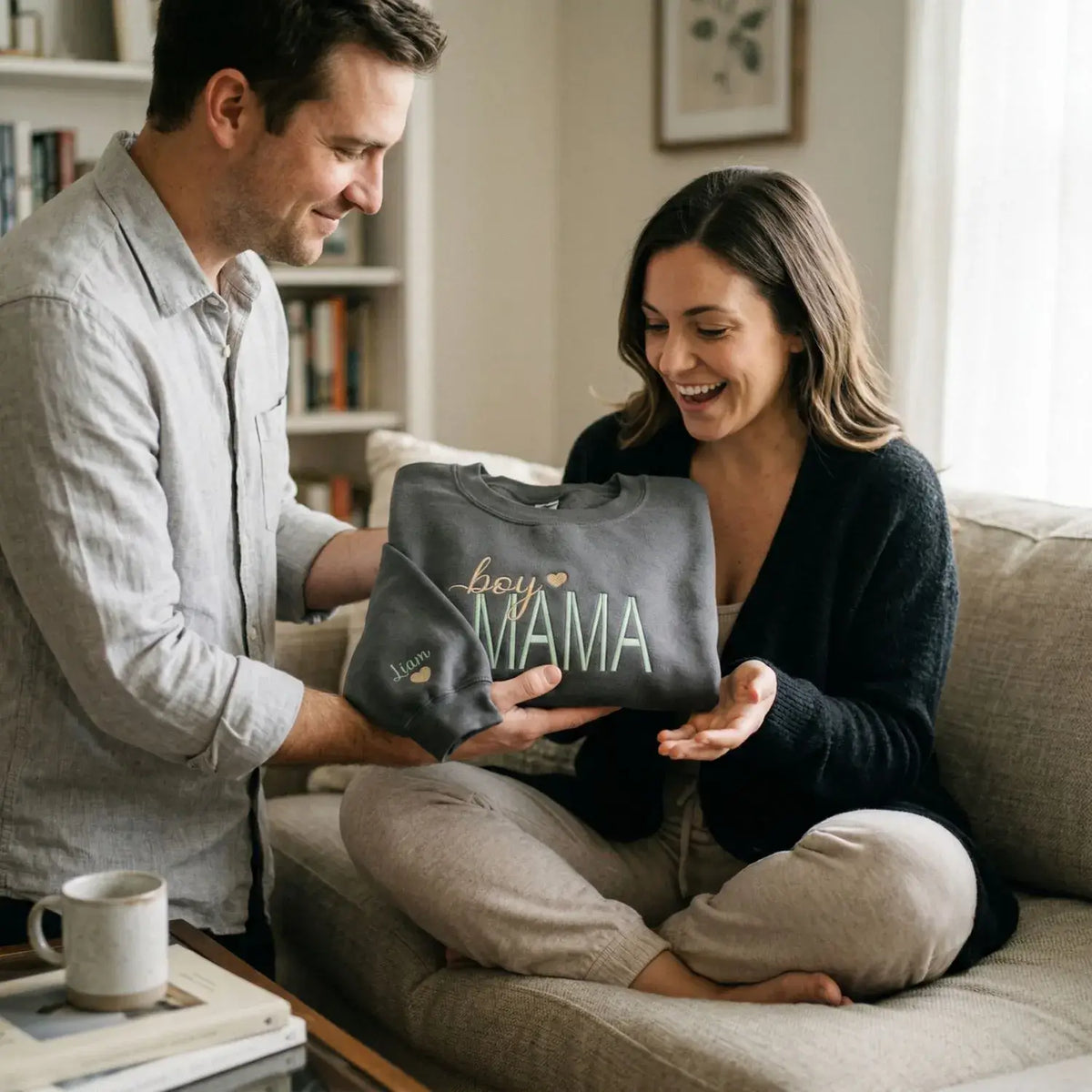 Custom embroidered boy mama sweatshirt with kids names, personalized cozy gift for mom with sons