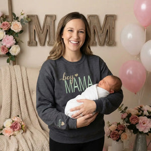 Custom embroidered boy mama sweatshirt with kids names, personalized cozy gift for mom with sons