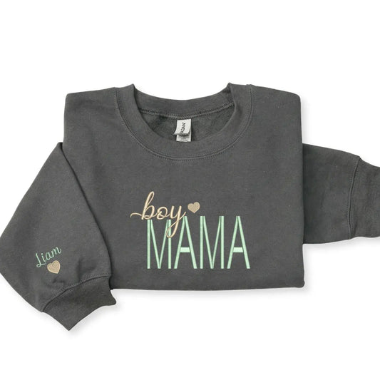 Custom embroidered boy mama sweatshirt with kids names, personalized cozy gift for mom with sons