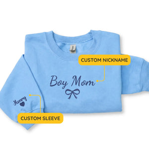 Personalized boy mom sweatshirt embroidered with kids names cozy custom gift for mothers day