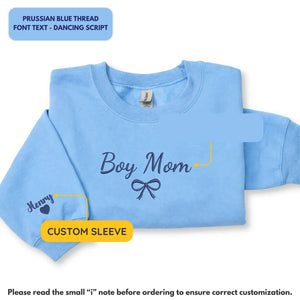 Personalized boy mom sweatshirt embroidered with kids names cozy custom gift for mothers day