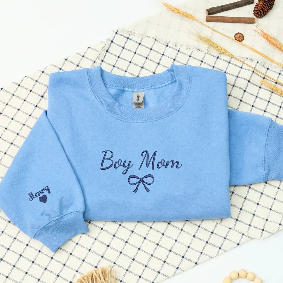 Personalized boy mom sweatshirt embroidered with kids names cozy custom gift for mothers day