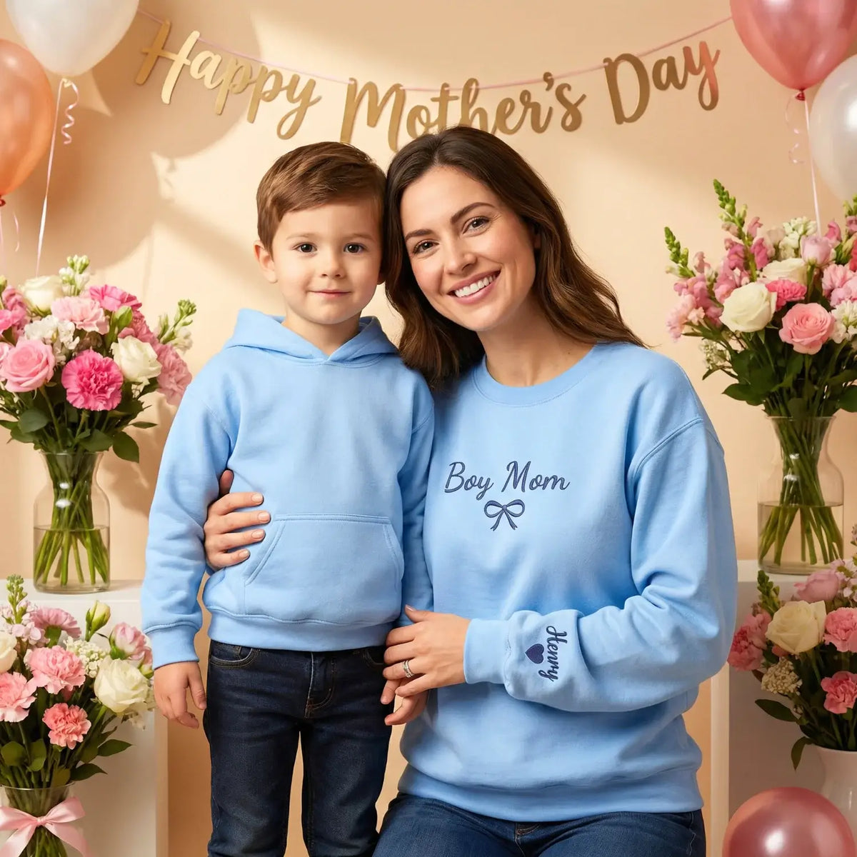 Personalized boy mom sweatshirt embroidered with kids names cozy custom gift for mothers day
