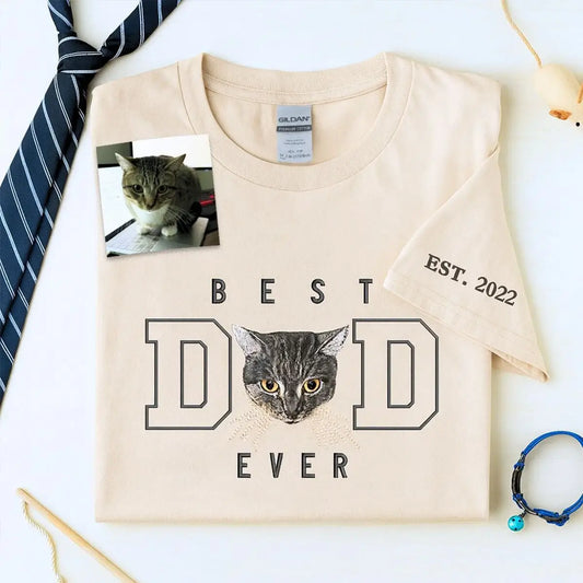 Embroidered custom cat dad shirt featuring personalized portrait of cat on fabric