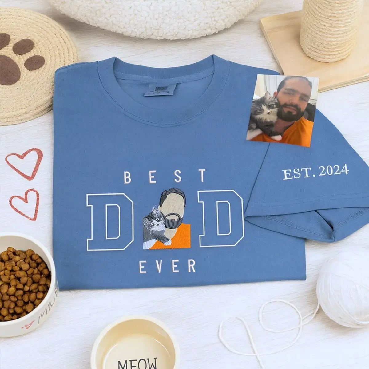 Embroidered custom cat dad shirt featuring personalized portrait of cat on fabric
