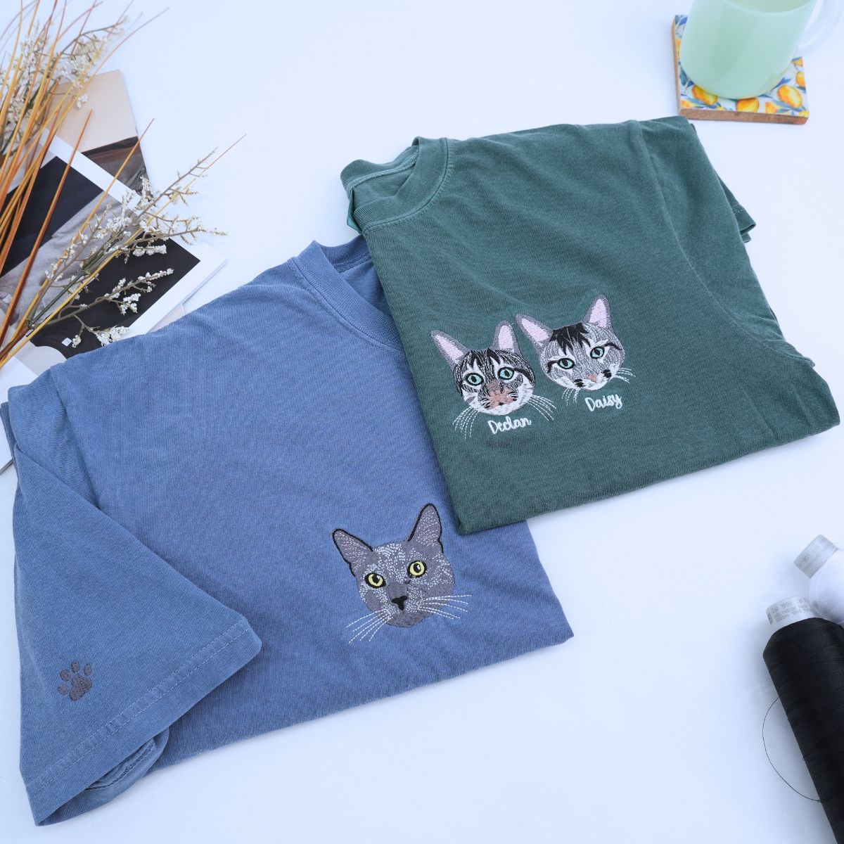 Embroidered custom cat dad shirt featuring personalized portrait of cat on fabric