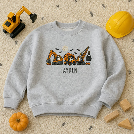 Personalized Construction Halloween Kid Sweatshirt - Embroidered Boys Name with Pumpkin Truck Sweater