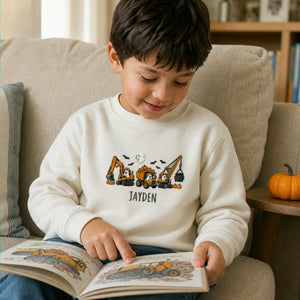 Personalized Construction Halloween Kid Sweatshirt - Embroidered Boys Name with Pumpkin Truck Sweater