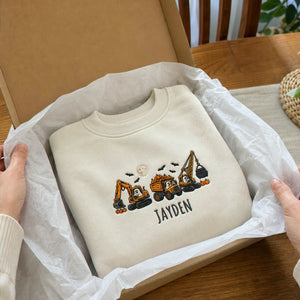 Personalized Construction Halloween Kid Sweatshirt - Embroidered Boys Name with Pumpkin Truck Sweater