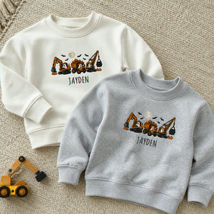 Personalized Construction Halloween Kid Sweatshirt - Embroidered Boys Name with Pumpkin Truck Sweater