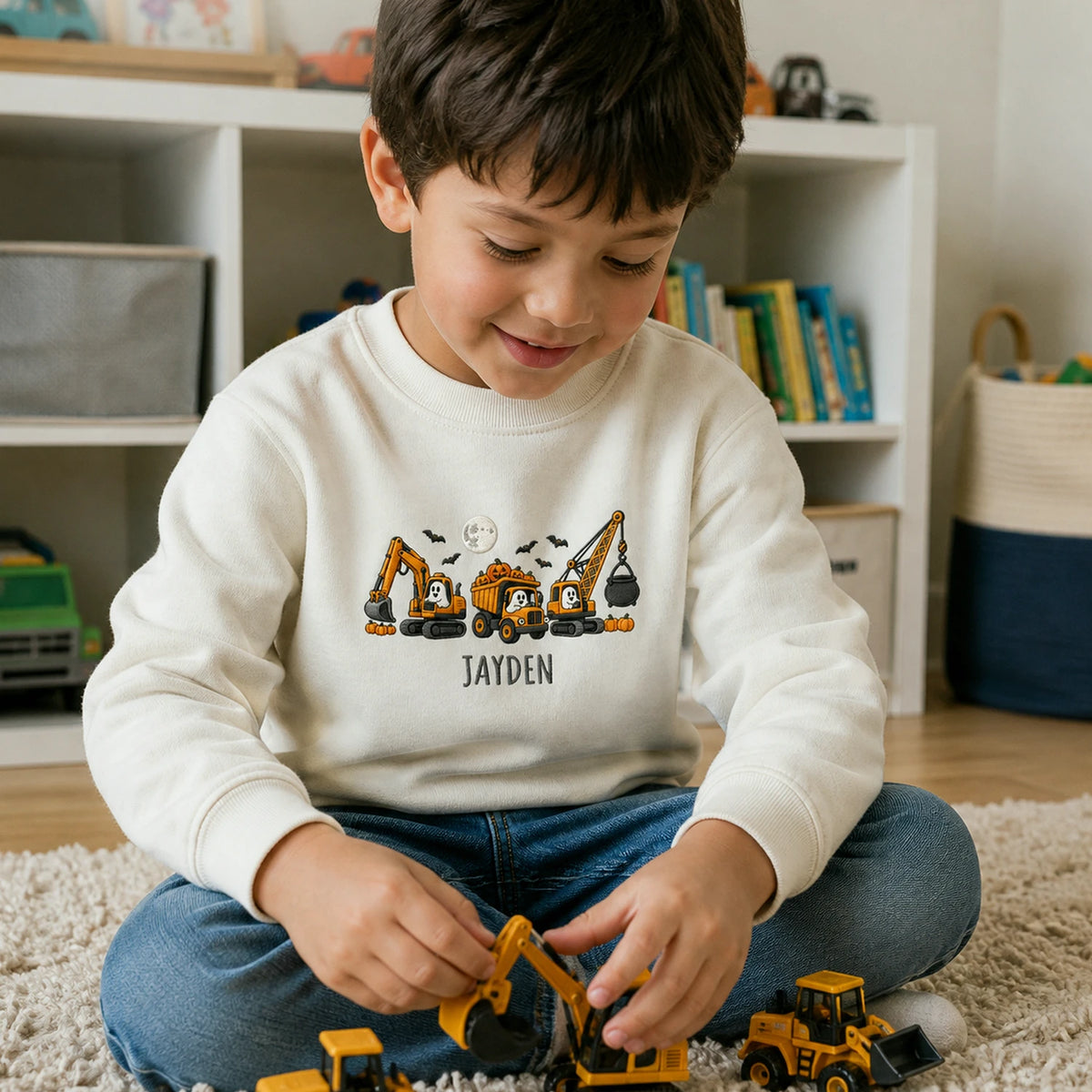 Personalized Construction Halloween Kid Sweatshirt - Embroidered Boys Name with Pumpkin Truck Sweater