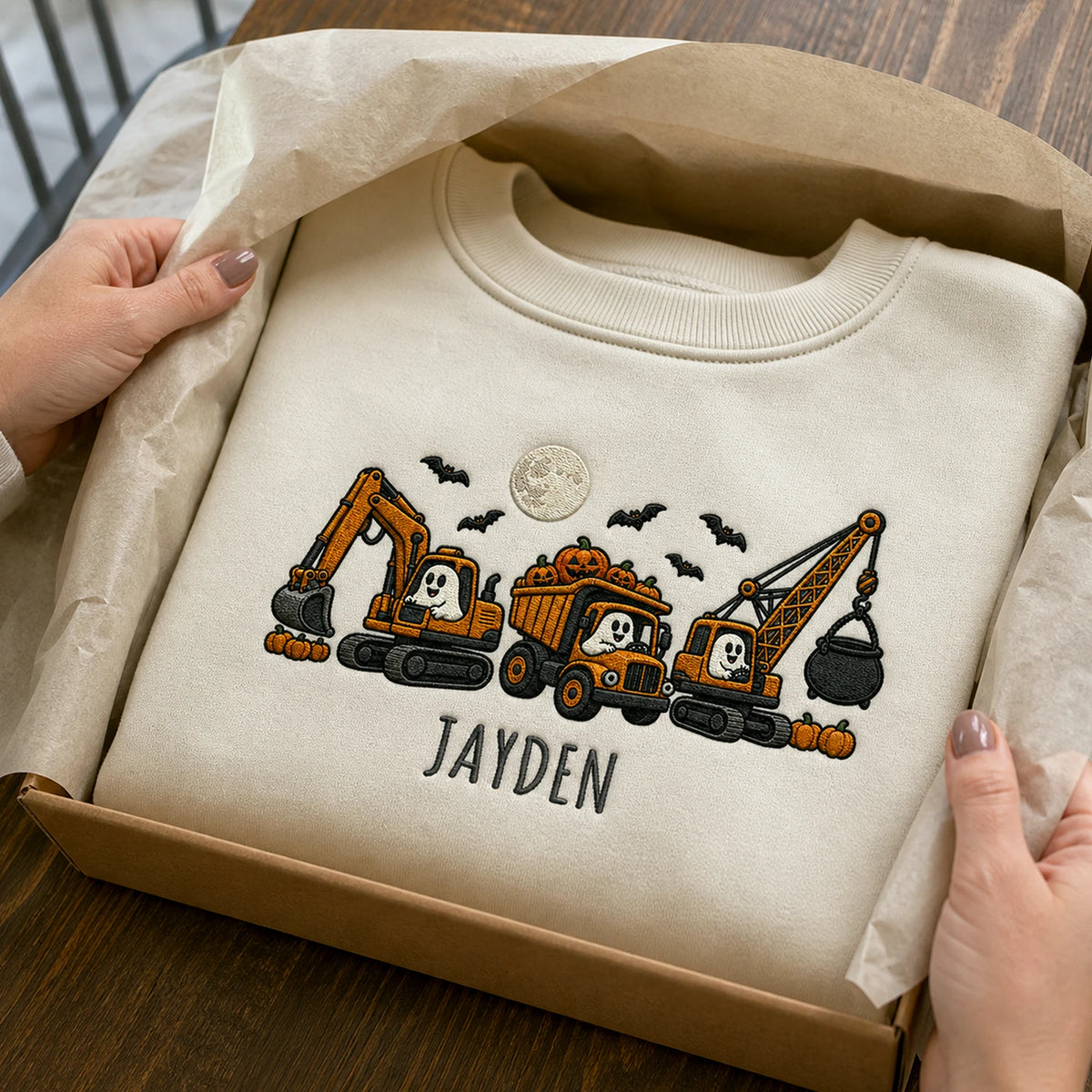 Personalized Construction Halloween Kid Sweatshirt - Embroidered Boys Name with Pumpkin Truck Sweater
