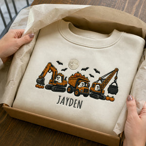 Personalized Construction Halloween Kid Sweatshirt - Embroidered Boys Name with Pumpkin Truck Sweater