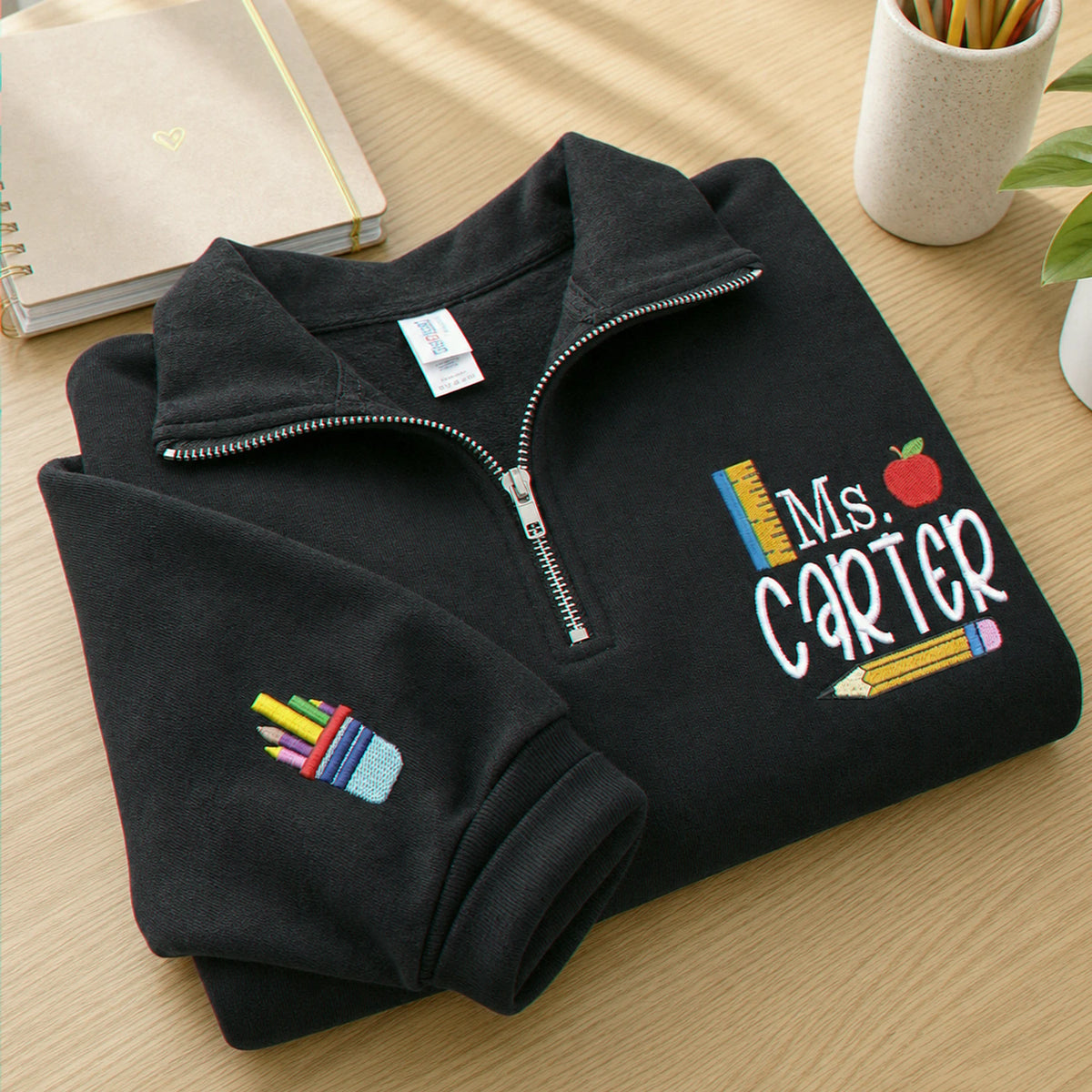 Personalized Daycare Teacher Quarter Zip - Embroidered Name & Icon on Sleeve 1/4 Zip Sweatshirt - Teacher Appreciation Gift
