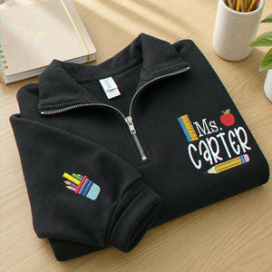 Personalized Daycare Teacher Quarter Zip - Embroidered Name & Icon on Sleeve 1/4 Zip Sweatshirt - Teacher Appreciation Gift