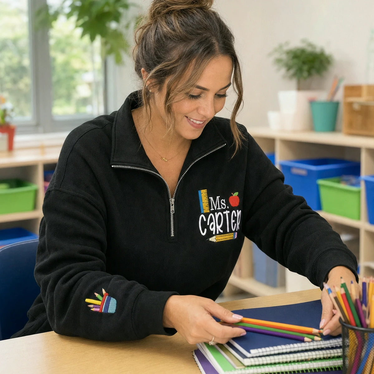 Personalized Daycare Teacher Quarter Zip - Embroidered Name & Icon on Sleeve 1/4 Zip Sweatshirt - Teacher Appreciation Gift