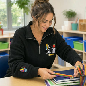 Personalized Daycare Teacher Quarter Zip - Embroidered Name & Icon on Sleeve 1/4 Zip Sweatshirt - Teacher Appreciation Gift