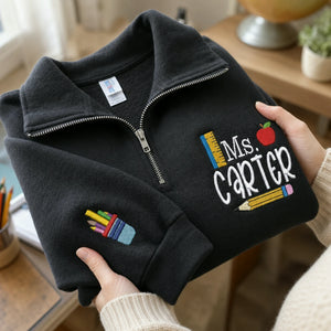 Personalized Elementary Teacher Quarter Zip - Embroidered Name & Retro School Themed Sweatshirt - Teacher Appreciation Gift