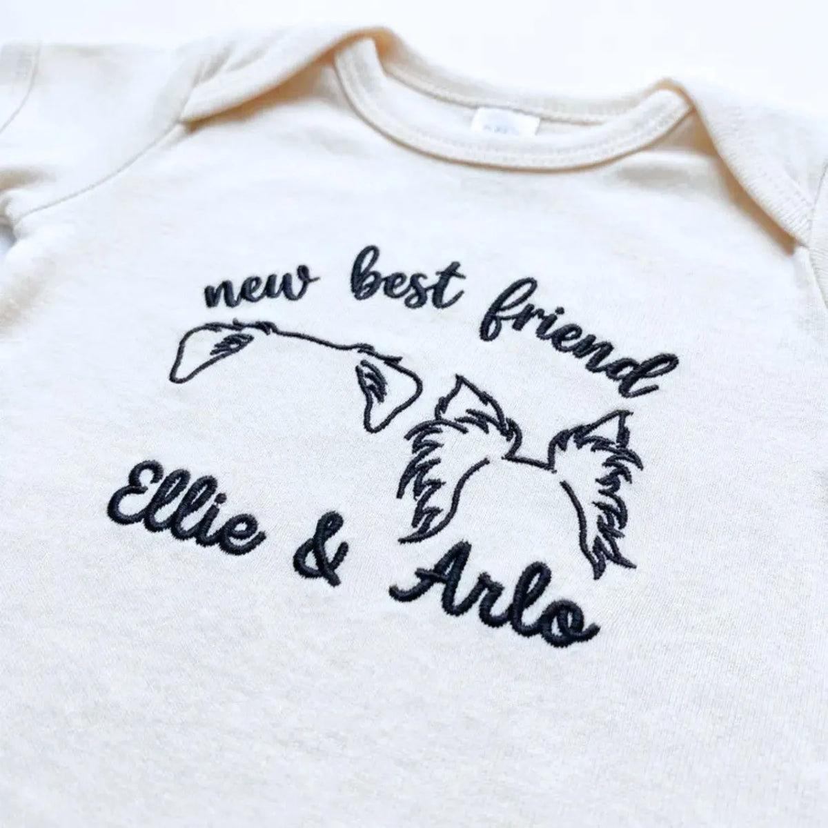 personalized baby onesie with embroidered dog ears for newborn dog sibling outfit