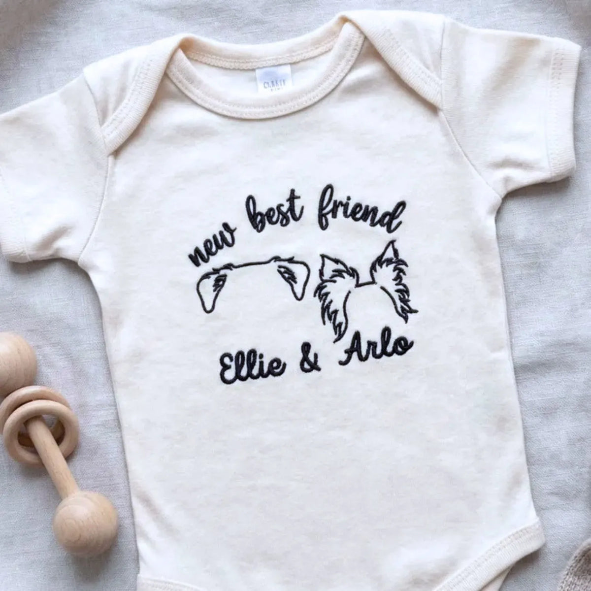 personalized baby onesie with embroidered dog ears for newborn dog sibling outfit