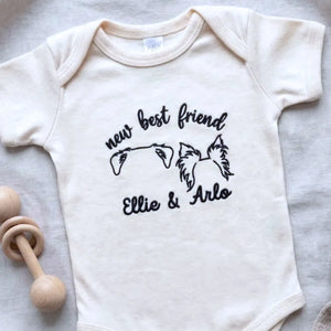 personalized baby onesie with embroidered dog ears for newborn dog sibling outfit