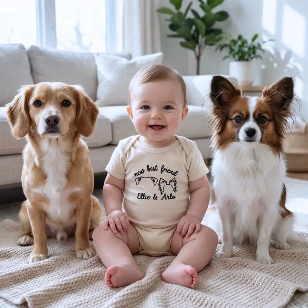 personalized baby onesie with embroidered dog ears for newborn dog sibling outfit