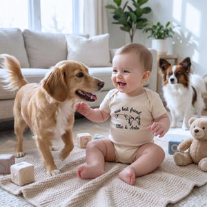 personalized baby onesie with embroidered dog ears for newborn dog sibling outfit