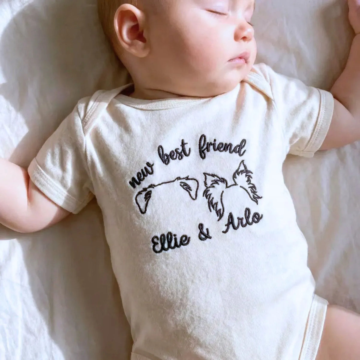 personalized baby onesie with embroidered dog ears for newborn dog sibling outfit