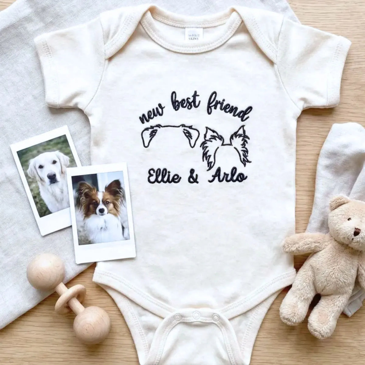 personalized baby onesie with embroidered dog ears for newborn dog sibling outfit