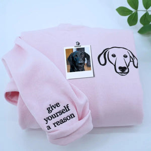 Custom embroidered dog portrait sweatshirt for kids, featuring pet’s photo stitched on youth-sized hoodie or sweater.