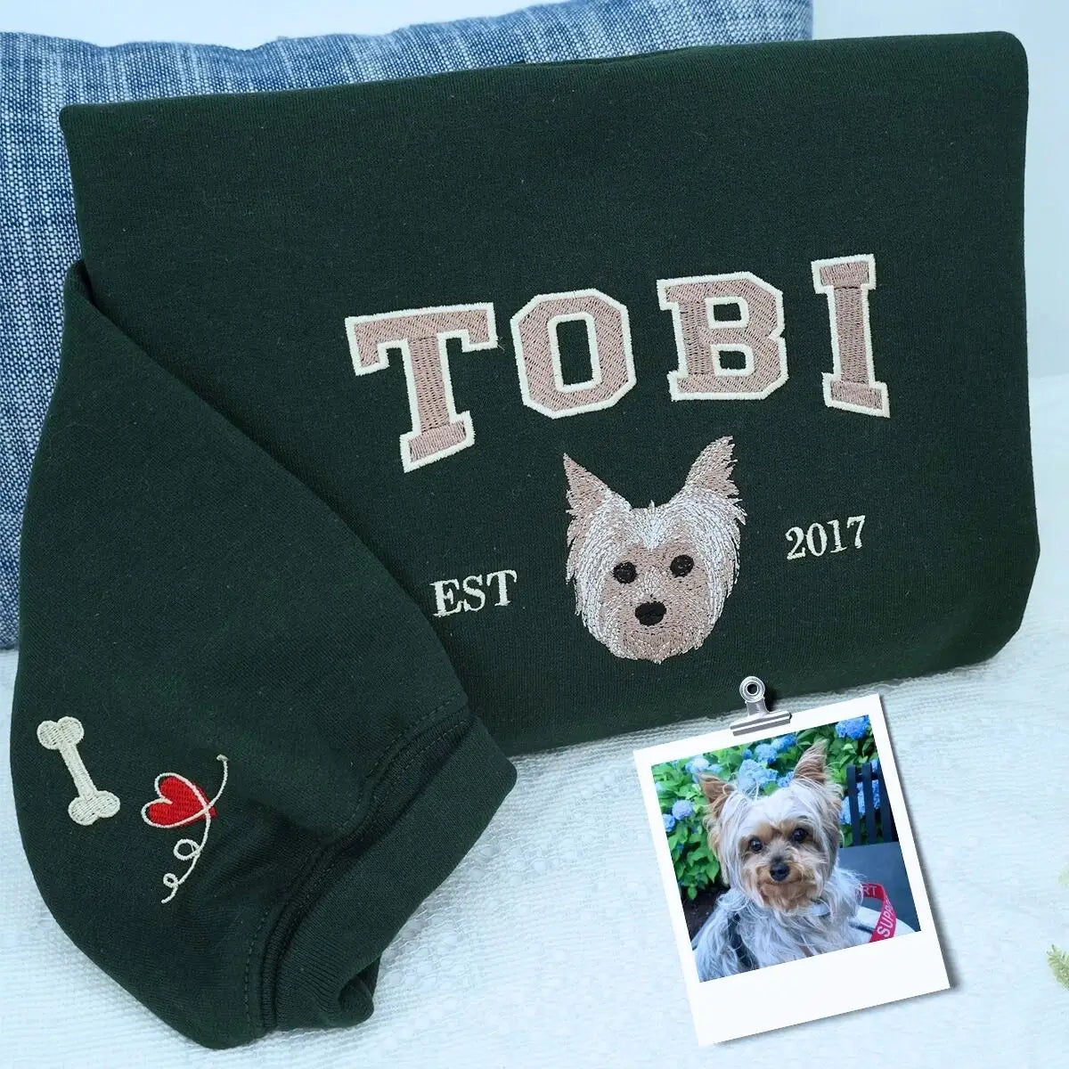 Custom embroidered dog portrait sweatshirt for kids, featuring pet’s photo stitched on youth-sized hoodie or sweater.