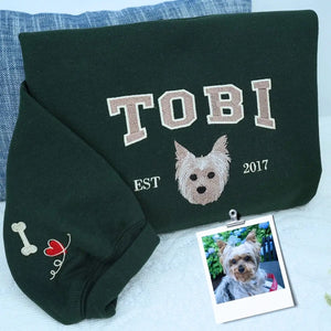 Custom embroidered dog portrait sweatshirt for kids, featuring pet’s photo stitched on youth-sized hoodie or sweater.