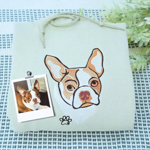 Custom embroidered dog portrait sweatshirt for kids, featuring pet’s photo stitched on youth-sized hoodie or sweater.
