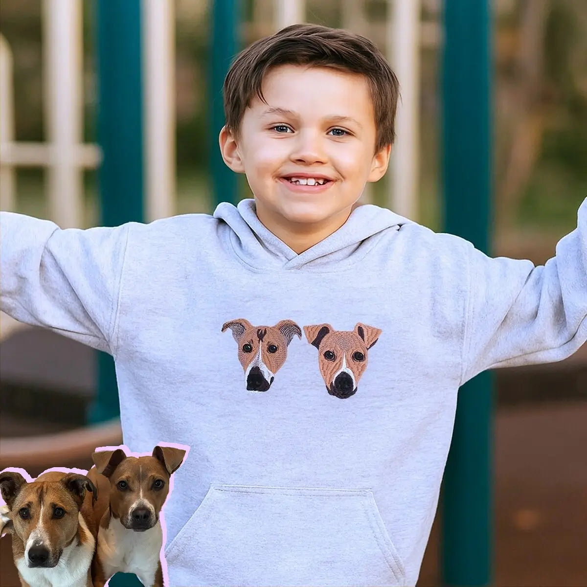 Custom embroidered dog portrait sweatshirt for kids, featuring pet’s photo stitched on youth-sized hoodie or sweater.