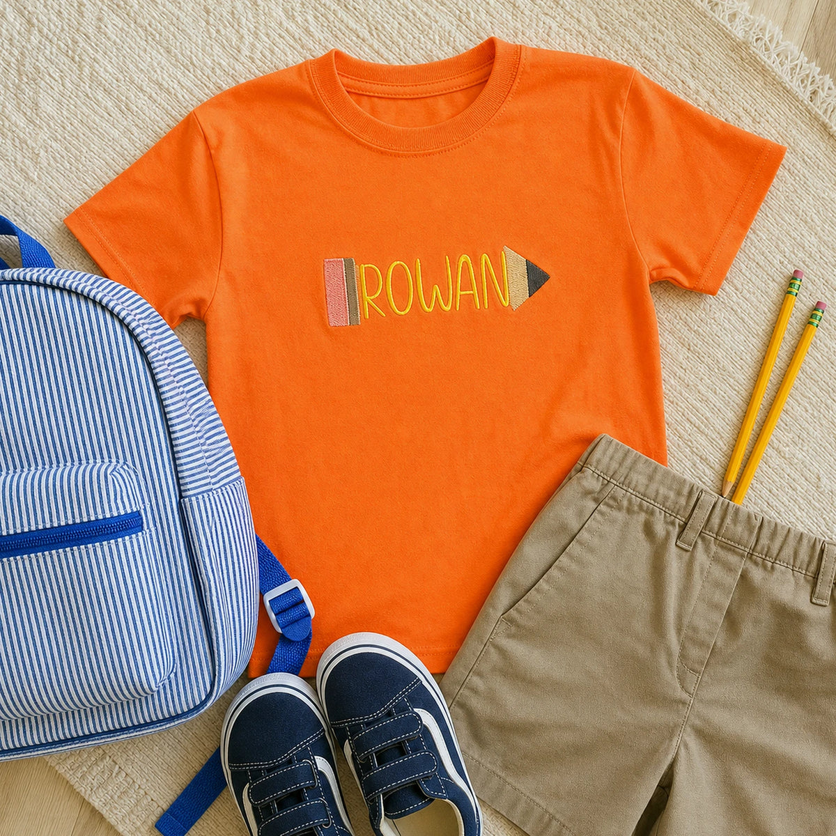 Personalized Back to School T-shirt for Elementary Kids - Embroidered Name in Pencil Youth Tee